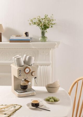 CREATE / THERA MATT RETRO/Espressomaschine Cremeweiß Matt und Holz/Semi-automatic, with a 15 bar pressure pump and 1100W, 1.25L water tank, for ground coffee, 55 mm. ESE- Pads (Sand Matt - Wood)