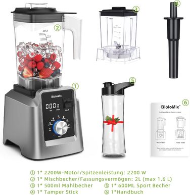 BioloMix High-Performance Blender 2200W, Self-Cleaning Function, Stand Mixer 2L Container and 600 ml Travel Cup BPA Free. Smoothie Mixer (T5600, Grey) T5600 Grey