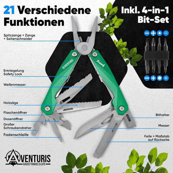 AVENTURIS® Multitool. Great multifunctional tool as bicycle accessory or outdoor gear, a multitool as men's gifts or a Leatherman multitool, green (Personalized, Green)