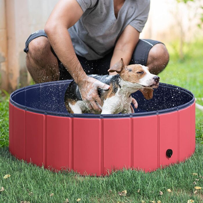 PawHut Dog Bath Tub Dog Pool Bathtub Swimming Pool Water Pool for Dogs 120 x 30 cm (Red+dark blue, 100L x 100W x 30H cm)
