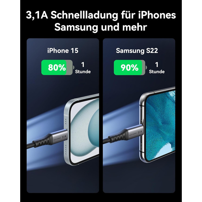 Кабель USB-C на USB-C, 3.1A, 2м, нейлон, чорний - для iPhone, Samsung, Google Pixel