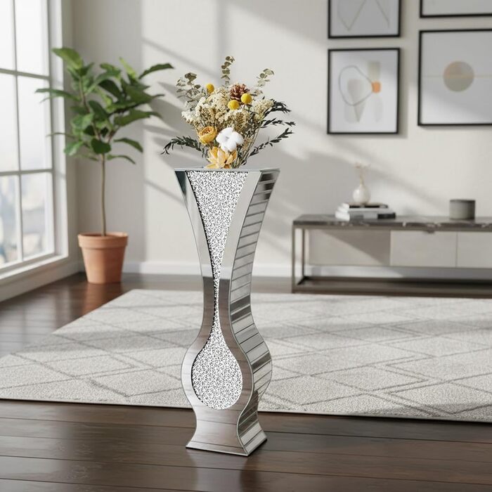 Ваза для квітів велика 68 см, підлогова ваза: срібна ваза з кристалами для пампас трави, скляна ваза з дзеркальним покриттям, декоративна ваза з блискітками для вітальні, декор інтер'єру – не для води (21.5L x 13B x 68.5H cm)