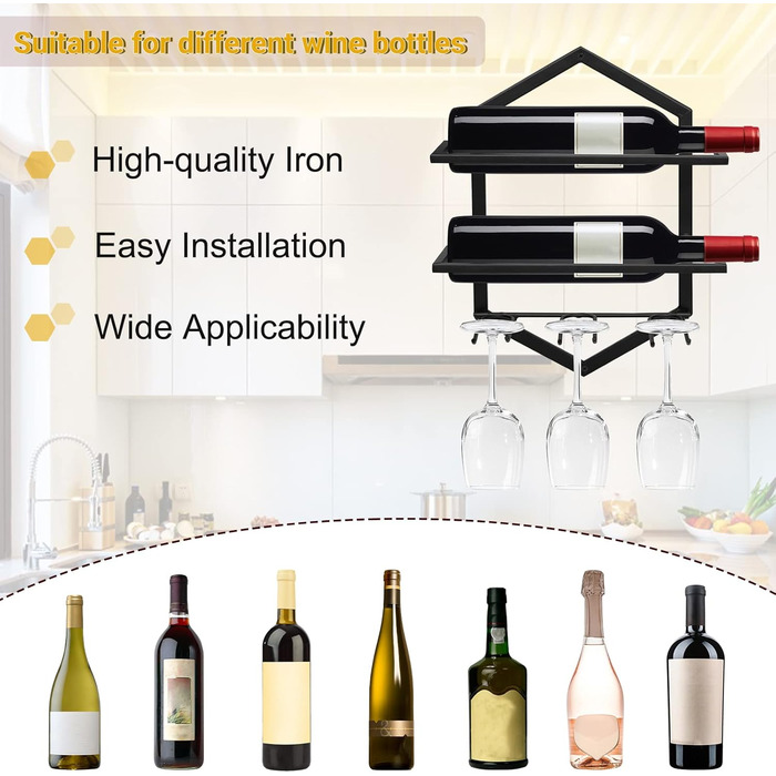 Giyiprpi Metal Wall-Mounted Wine Rack, Hanging Wine Glass Holder Organizer for 2 Bottles and 3 Glasses Included, Wine Shelf Red Wine Rack for Home Kitchen Bar Display Decor (Black 2)