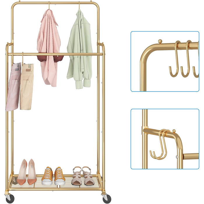 Clothes rack with double bar, sturdy clothes rack on wheels for hanging clothes, with 4 hooks, gold