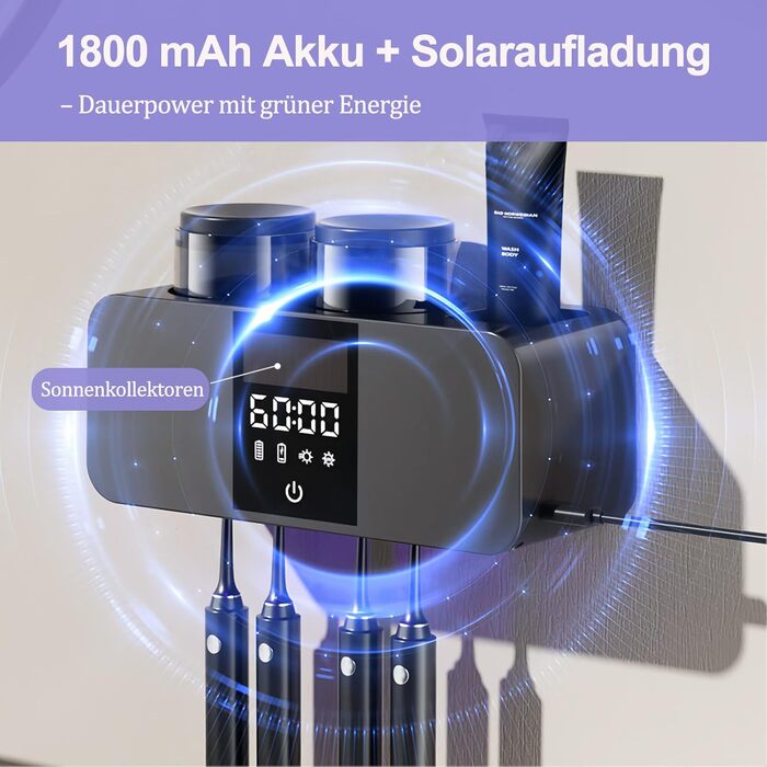 Тримач для зубних щіток Maxspace з УФ стерилізатором, сушаркою, сонячною зарядкою та автоматичним очищенням, настінний, 4 слоти, 2 чашки (білий)