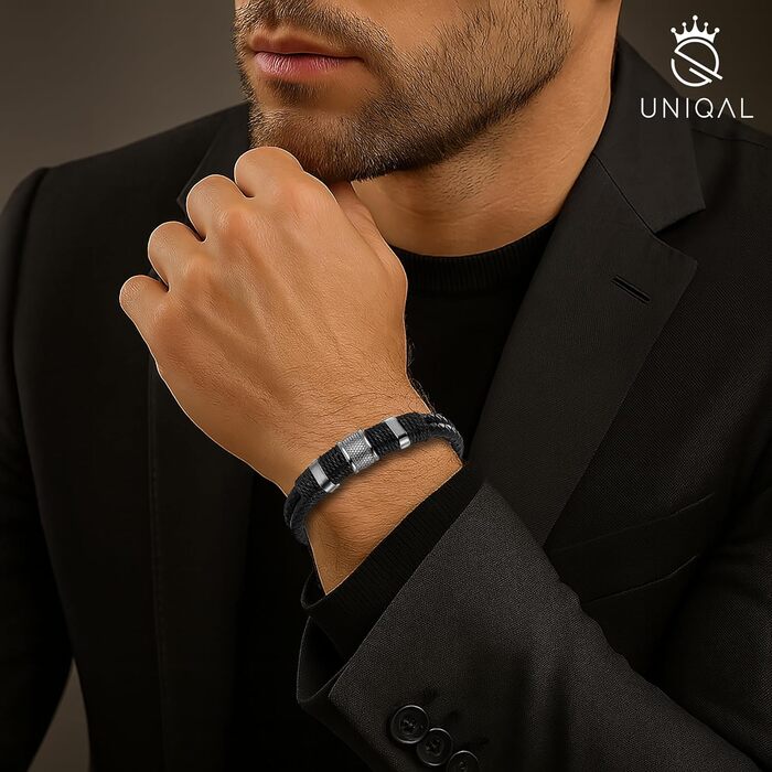 Чоловічий шкіряний браслет UNIQAL 'Premium Style' з нержавіючої сталі, сріблястого кольору, 23 см | Безкоштовна подарункова коробка