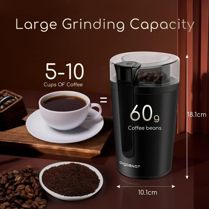 Електрична кавомолка Aigostar, 200W, без BPA, регулювання помелу, для кави, горіхів, спецій, зерна, чорна