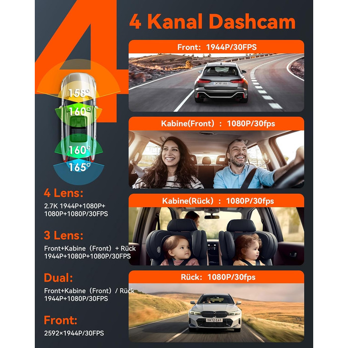 Автомобільний відеореєстратор VANTRUE N5 з сенсором STARVIS 2, 4-канальний (2.7K + 3x1080P), передня, задня та внутрішні камери
