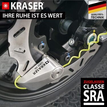 Замок на гальмівний диск KRASER KR114S для мотоцикла з сертифікатом SRA, протиугінний, подвійний замок 14 мм, 3 ключі, нагадувальний кабель, нержавіюча сталь