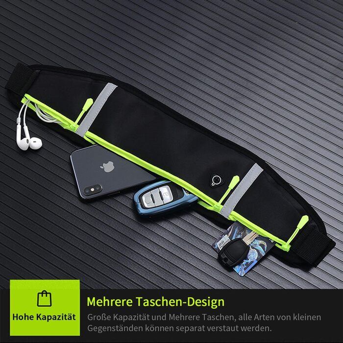 Пояс для бігу з водонепроникним регульованим гумовим ремінцем, піткостійкі кишені на стегнах великої місткості, ідеально підходить для бігу та активного відпочинку. Чорний