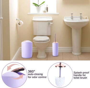 9-Piece Bathroom Accessories Set – Trash Can, Soap Dispenser Set, Soap Dish, Toilet Brush with Holder, Toothbrush Holder, Cup, Tray, Cotton Swab Holder, (Violet Bathroom Set + Shower Curtain + Rugs)