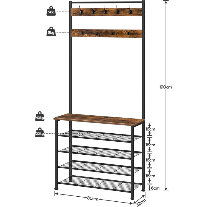HOOBRO Coat Rack, Shoe Rack with Coat Rack, Clothes Rack with Shoe Storage, Shoe Cabinet with 5 Tiers, for Entryway, Dark Brown EBF80MT01G2
