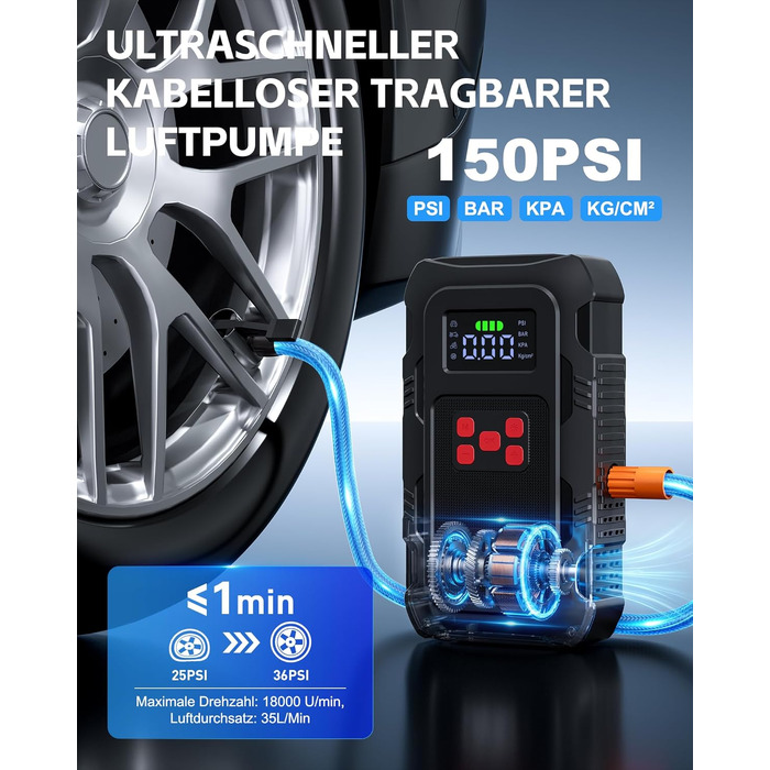 Пусковий пристрій Povasee Jump Starter 9000A з компресором 150 PSI та павербанком, автомобільний бустер 12V для бензинових та дизельних авто, з ліхтарем (Чорно-червоний)