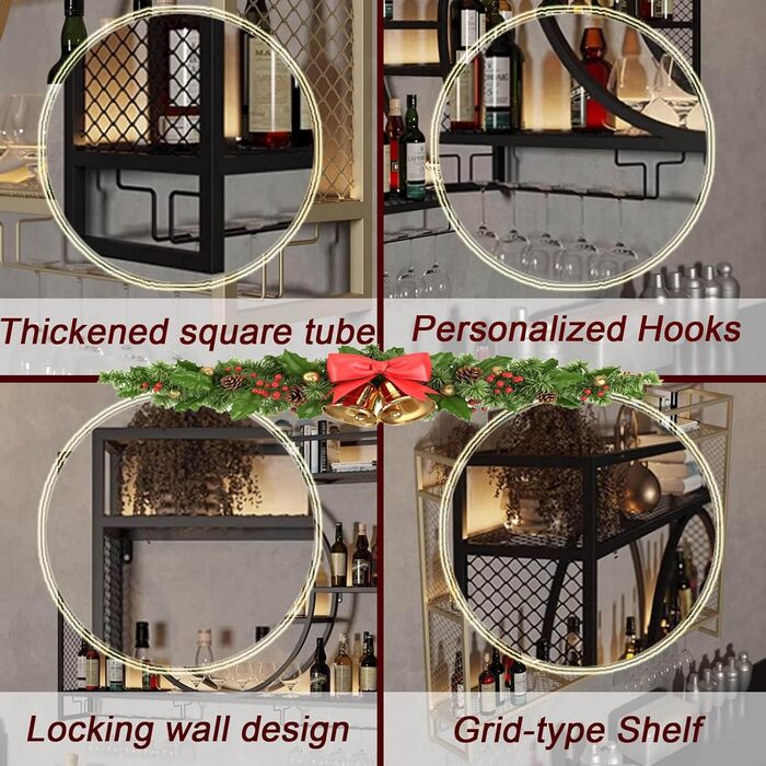 Настінна вітрина для вина, сучасна кругла підставка для зберігання, велика місткість, декоративна, для кухні, вітальні, бару (золота, 119.8 * 15 * 79.7 см)