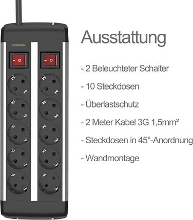 Мережевий фільтр на 10 розеток з USB-C PD 20W, захист від перенапруги, сертифікація TÜV/GS, вимикач, кабель 1.5м, 16A для офісу та майстерні