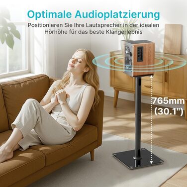 Підставка для акустики саундбару, універсальна, чорна, 76.5 см, 25 кг, з кабелеуправлінням та скляною основою (1 шт.)