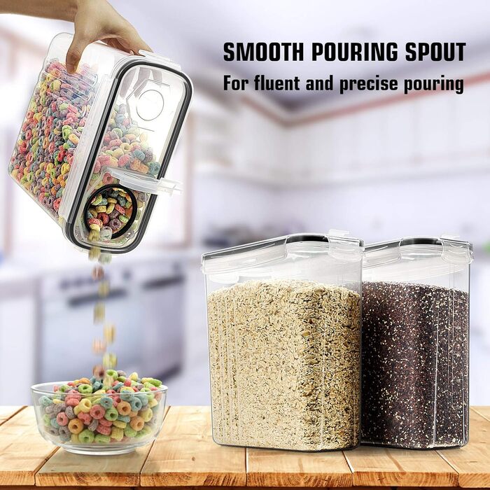 Wildone Freshness Containers, airtight, cereal storage containers for sugar, flour, snacks, baking supplies, leak-proof, with sealing lid, 4 pieces (4 l)