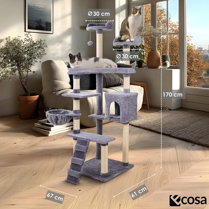 Кігтеточка для котів Ecosa® XXL - велика, 170 см, багатоярусна з гамаком та будиночком