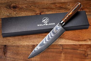 Професійний кухонний ніж Wolfblood XL 32 см із дамаської сталі 67 шарів, дерев'яна ручка, подарункова коробка та чохол для леза