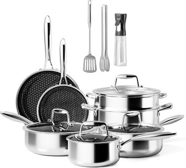 Набір посуду RIOVARM з індукційним дном (14 предметів): каструлі, сковороди, кришки, лопатка. Покриття з граніту, антипригарне, PFOA Free