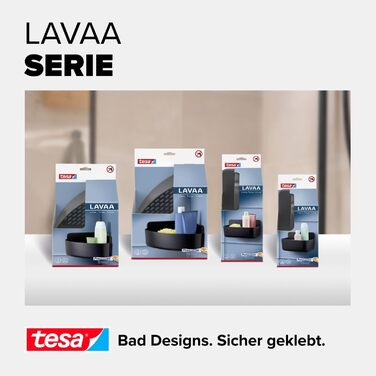 Полиця для душу tesa Lavaa S, чорна матова, настінна без свердління, з водостійкими стрічками Powerstrips XL, 200x130x110 мм