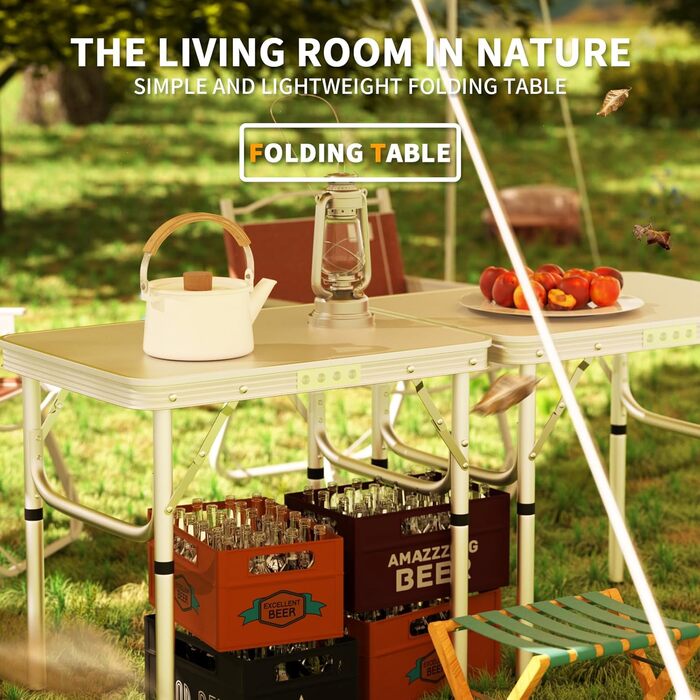Складний алюмінієвий стіл для пікніка, кемпінгу, саду та вечірок 120x60x70 см, регульована висота
