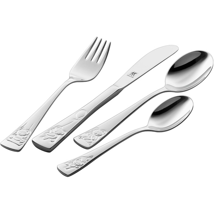 Набір дитячого посуду Zwilling Kinderbesteck Set, 4 предмети, з тисненням у вигляді тварин, для дітей від 3 років, нержавіюча сталь 18/10, без пластикової упаковки (Teddy)