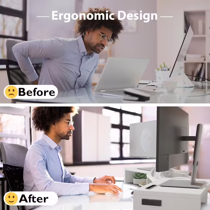 BONTEC Dual Monitor Stand Riser, Desktop Monitor Stand with Smartphone Holder, Adjustable Length and Swivel Angle Wooden Desktop Organizer Monitor Stand for PC Monitor Laptop Printer, White