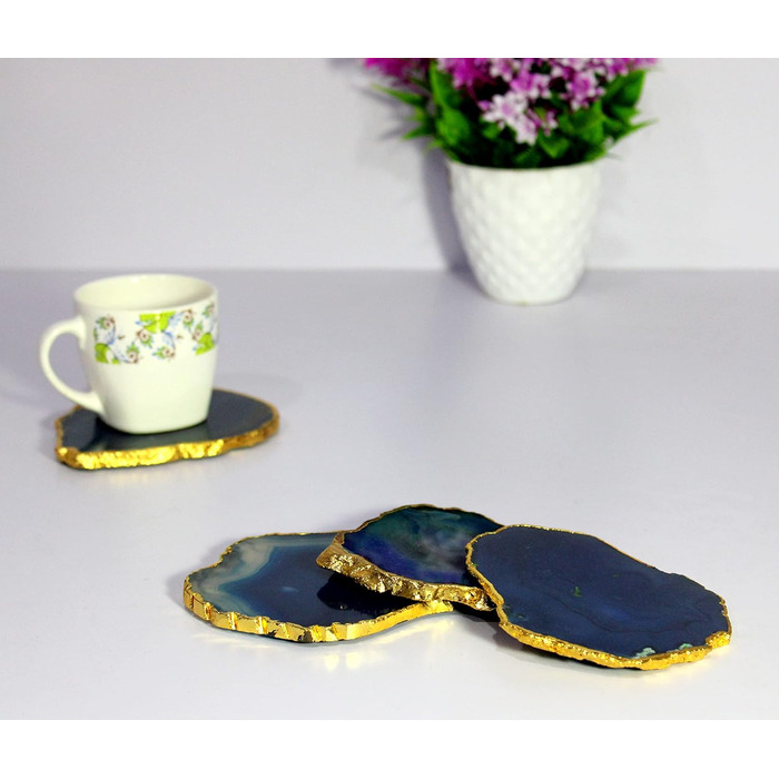 Natural agate coasters, for bar, beer, coffee, tea, set of 4, perfect table accessory, tableware (Blue)