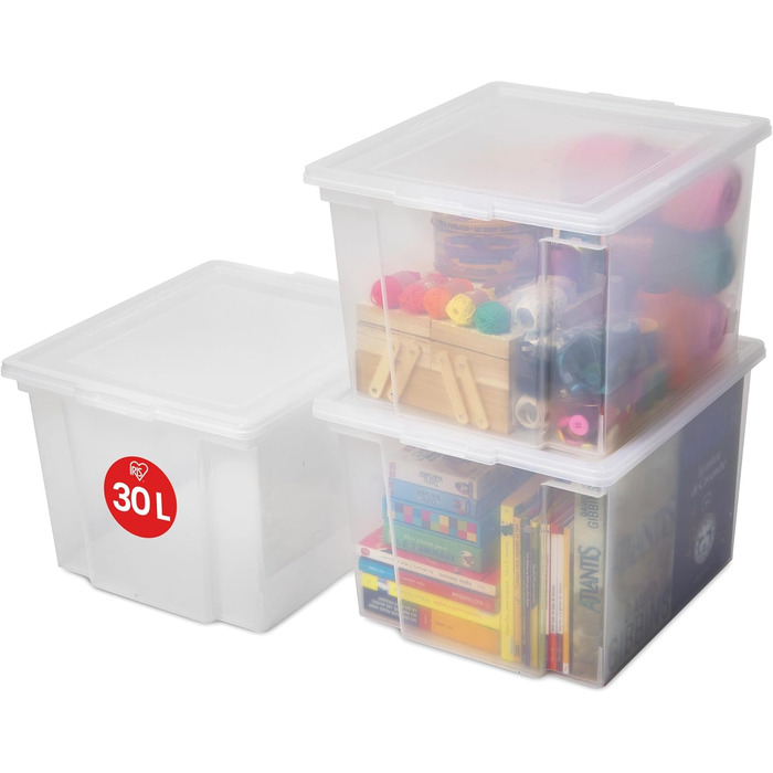 Iris Ohyama Versatile Storage Boxes, 30L, 6-Piece Set, Easy-Close Lid, Stackable, Plastic, For Closet, Shelves, Organization, Clothing, Bedding, Garage, USB-M (Transparent, 30L / 3-Piece Set)