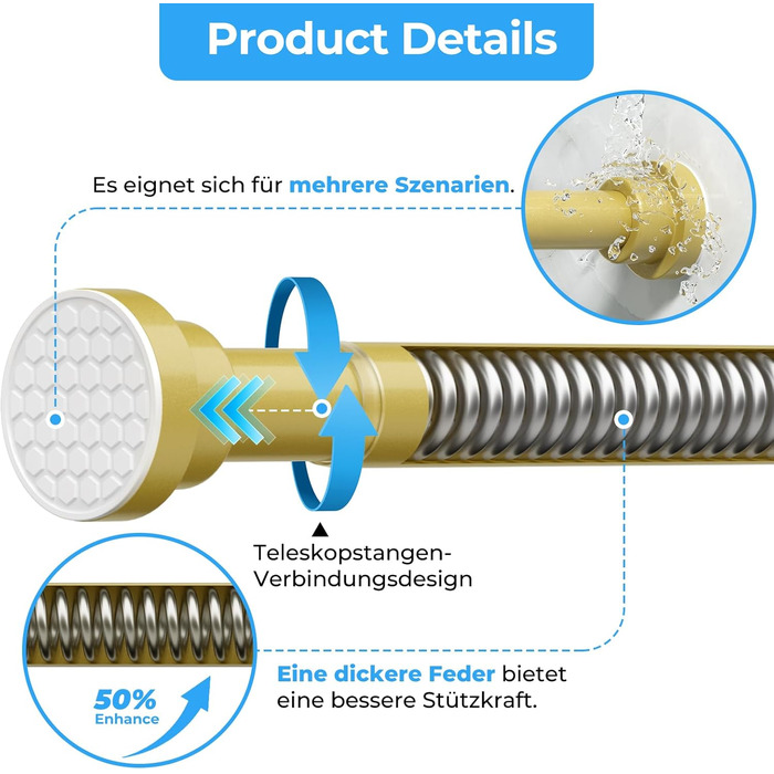 Штанга для карниза без свердління 113-196 см, телескопічна, для душу, штор, ванної кімнати, вікна, кухні, шафи, золота