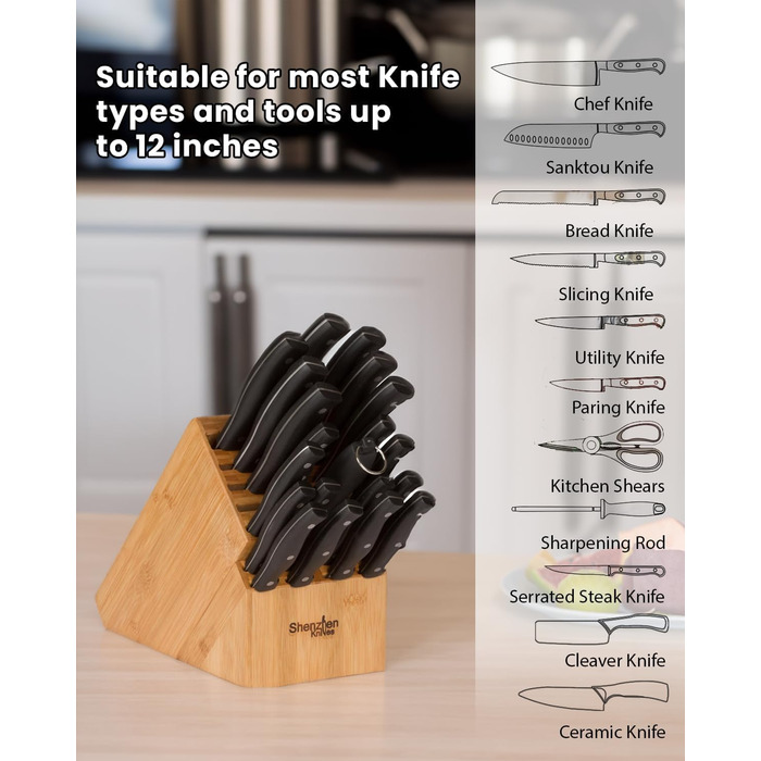 Універсальний бамбуковий блок для ножів Shenzhen Knives XL на 20 широких слотів – органайзер для зберігання кухонних ножів без ножів