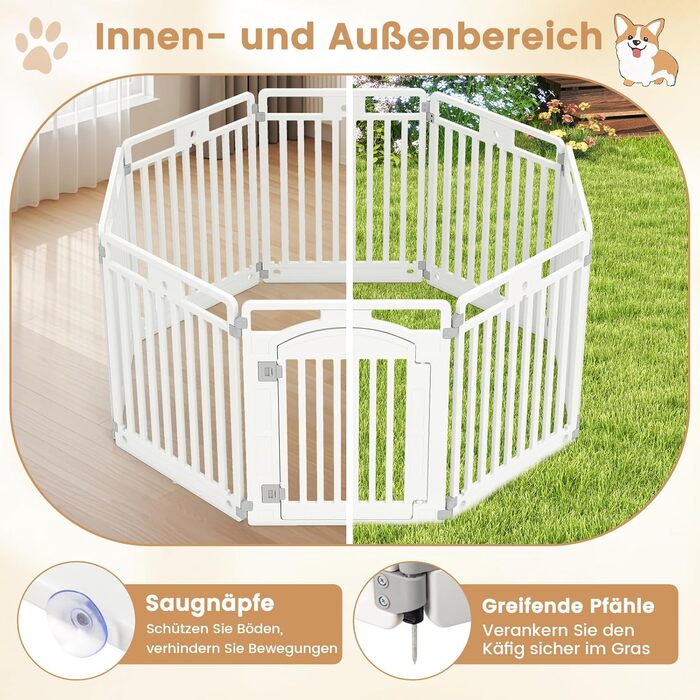 Летіж для цуценят COSTWAY з 6 панелей, 80 см, білий. Летіж для собак Outdoor/Indoor, з замком та фіксаторами