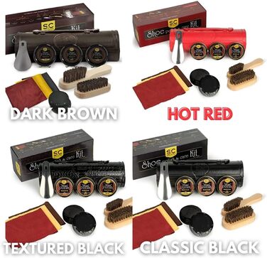 Stone & Clark 12-Piece Shoe Cream & Leather Care Set with Brown Wax, Shoe Brushes for Polishing, Compact Shoe Shine Kit with Horsehair Brushes & PU (Case: Hot Red)
