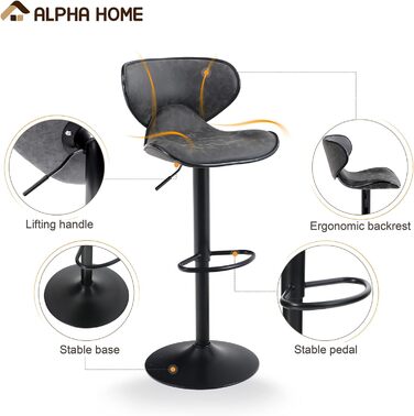 Alpha Adjustable Height Swivel Bar Stools 2-Pack with Backrest & Footrest - PU Leather Kitchen Bar Counter Stools (Grey)