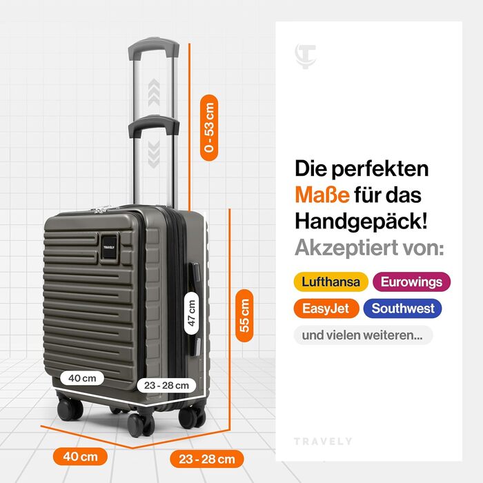 Чемодан ручної об'єм 55x40x23 см Travely Premium, розширюваний, з TSA замком та відділенням для ноутбука, 41-50 л, сірий