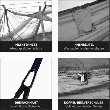Гамак для кемпінгу MSports Premium Ultraleicht з москітною сіткою | Максимальне навантаження 250 кг, дихаючий матеріал (срібно-сірий)