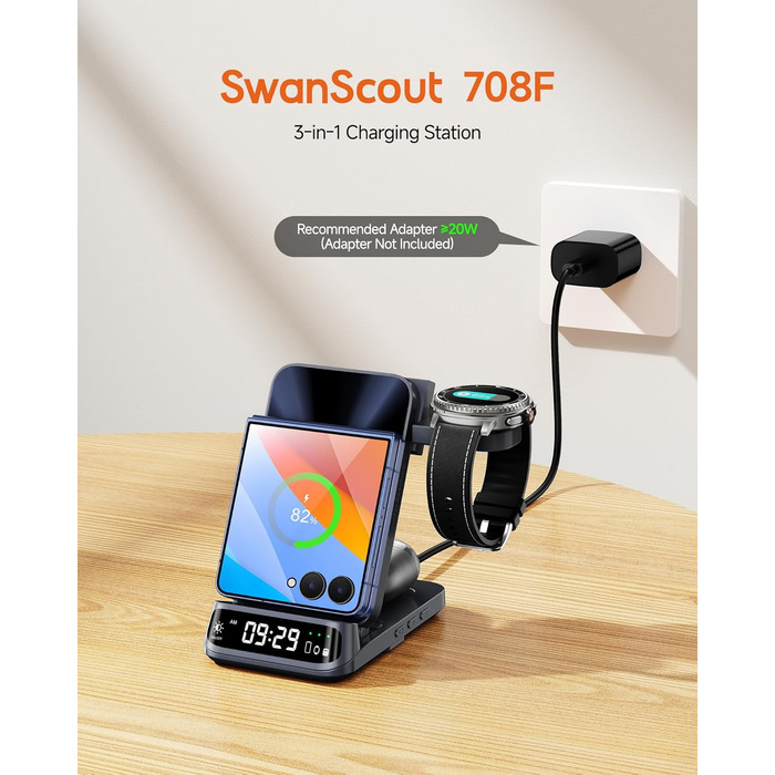 Бездротова зарядна станція 3-в-1 SwanScout 708F для Samsung Galaxy Z Flip 7/6/5/4/3, Galaxy Watch 8/7/6/5/4 та Galaxy Buds 3/2 Pro, індукційний зарядний пристрій (без адаптера)