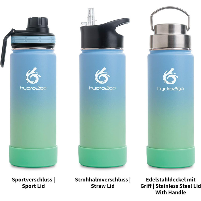 Фляга термос Hydro2Go з нержавіючої сталі 530 мл, 3 кришки, BPA-free, зберігає тепло 12 год, холод 24 год