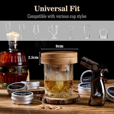 Набір для копчення віскі – Old Fashioned Cocktail Geschenkset: 6 дерев'яних чіпсів, 4 гранітні камені, запальник та аксесуари для любителів віскі та коктейлів (без бутану)