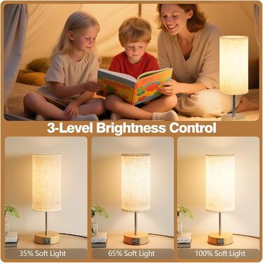 Нічна лампа UPXNBOR з USB-A та USB-C зарядкою, торшер з сенсорним керуванням та 3 рівнями тепла, для спальні та вітальні (E27 лампочка в комплекті), тканинний абажур
