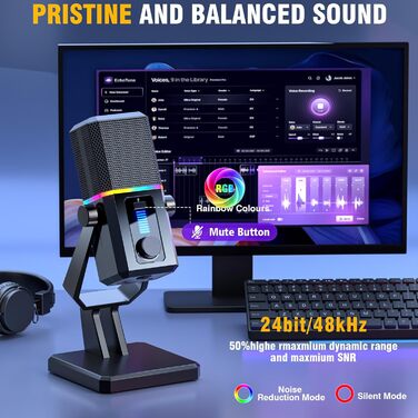 Мікрофон Facmogu HK2 для геймінгу та стрімінгу з RGB-підсвічуванням, USB, динамічний, для ПК, комп'ютера, Twitch, подкастів