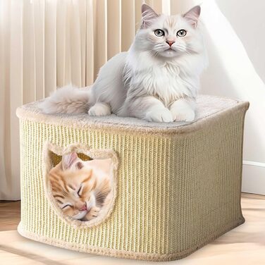 Преміум котячий будиночок Zooprinz – котячий кошик для кота – з товстими сизалевими стінами – затишна печерка з м'яким плюшем та іграшкою – котячий бокс у скандинавському стилі (Бежевий)