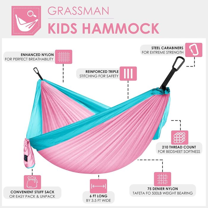 Дитяча гамак Grassman для кемпінгу: портативна, ультралегка, рожево-блакитна. Гамак для дівчаток та хлопчиків з ременями