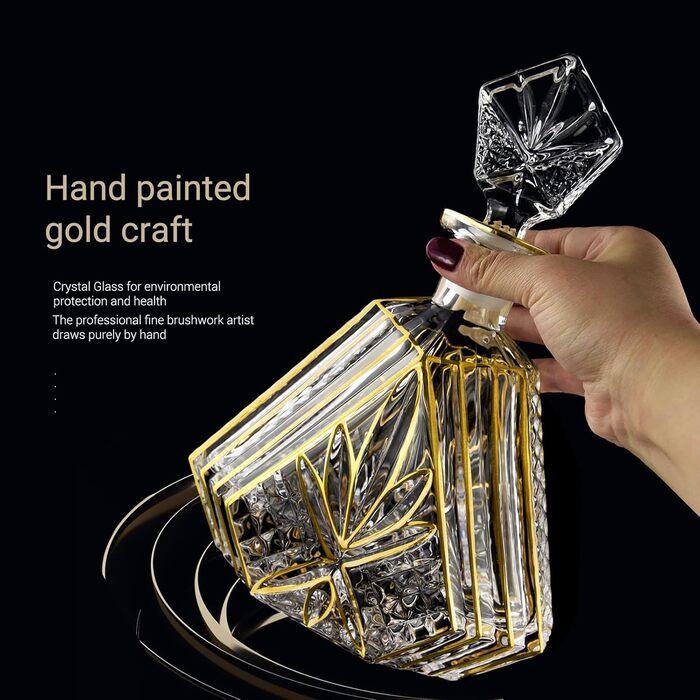 Розкішний набір декантерів ручної роботи з золотом для чоловіків: віскі, вино, бурбон, текіла. Кришталевий декантер та 2 склянки.