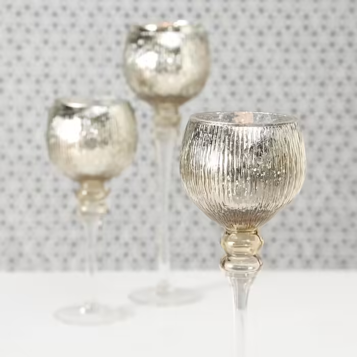 Boltze Windlicht Set Manou 3-piece (gold, decorative glasses for candles / Christmas decoration, candle holders heights 30 cm / 40 cm / 35 cm, round shape, straight pattern) 1005603