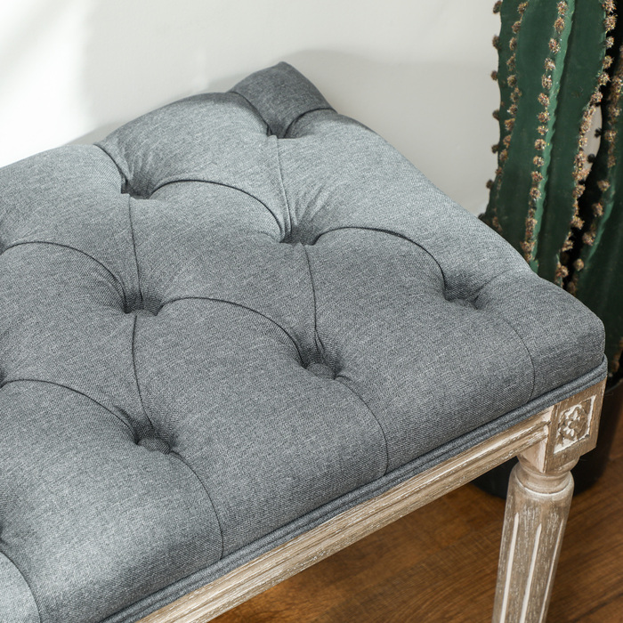 HOMCOM Upholstered Bench Gray Vintage Style Bench with Button Tufting from Rubber Wood & Linen 142x47x51cm for Dining Room & Entryway