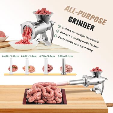 М'ясорубка ручна Huanyu з нержавіючої сталі, насадки для ковбас та печива, миється в посудомийній машині (№8, №10)