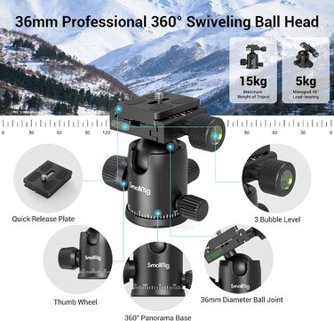 SMALLRIG 71' Штатив для камери, розкладний, з кульковою головкою 360°, швидкознімною платформою та кріпленням для смартфона, вантажопідйомність 15 кг, 180 см - 3935