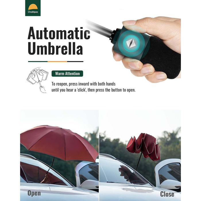 Чакіпі Парасолька велика, стійка до вітру, з відбиваючим покриттям для чоловіків та жінок – автоматичний парасолька-тростина, компактний, для подорожей, 210T покриття, промінь 106 см (Вишневий)